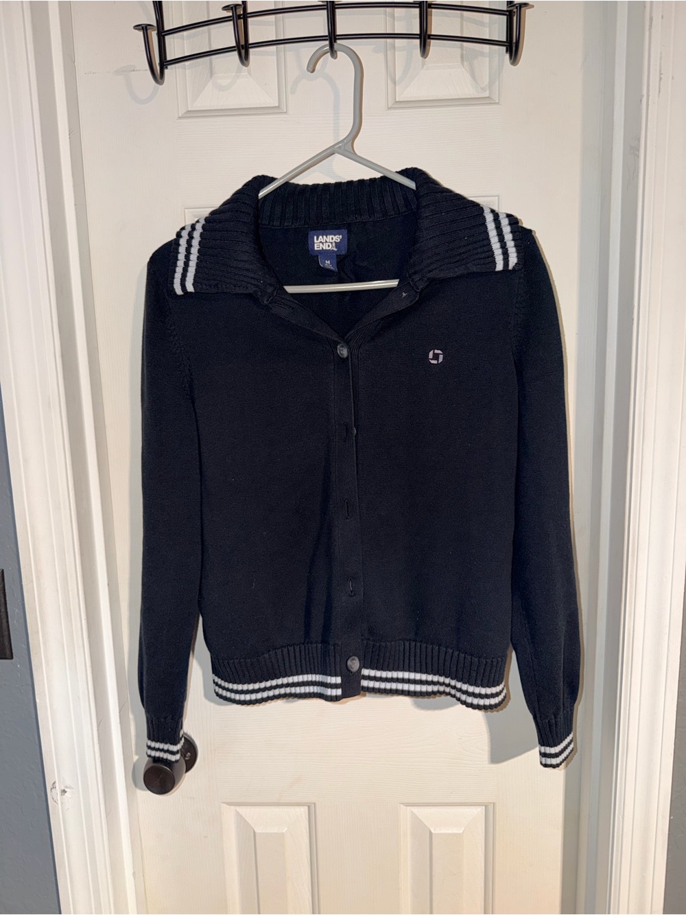 Lands' End Black Button-Front Knit Cardigan with White Stripe Trim
